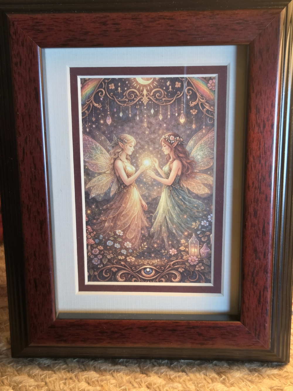 Framed Fairy 5x7 Art Print - Dual Fairies in Gold & Green